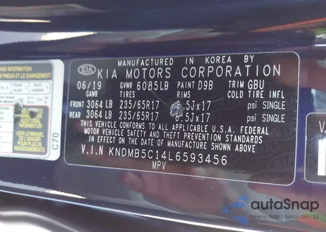 2020 Kia Sedona Lx z USA, uszkodzony, nr VIN KNDMB5C14L6593456